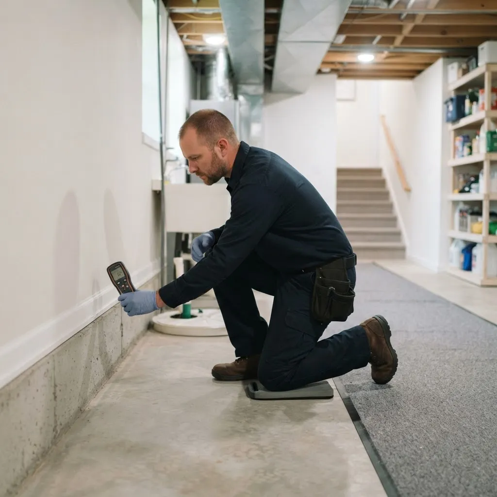 Technician inspecting a Jeffersonville, Indiana basement for moisture and mold.