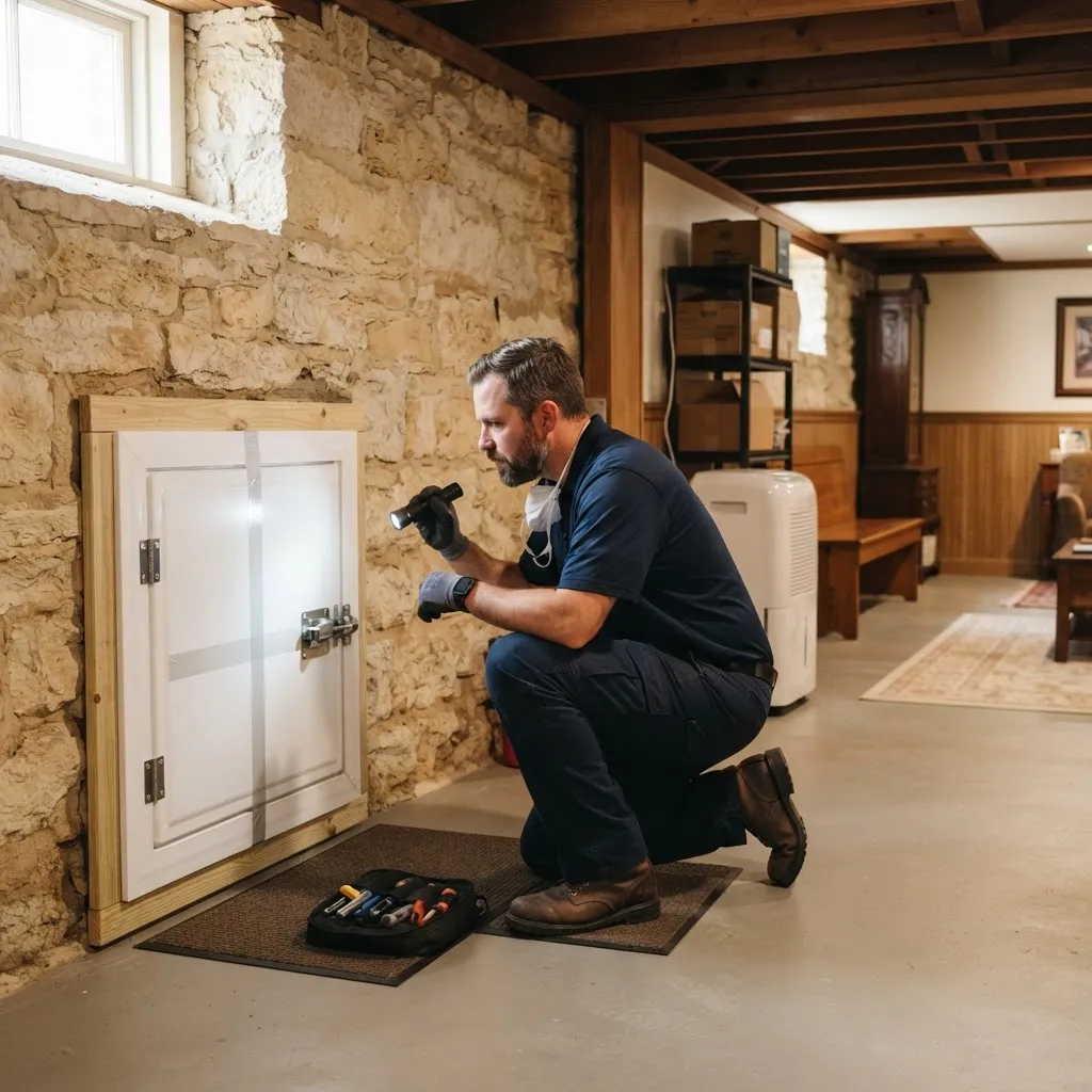 Technician inspecting a Louisville, Kentucky basement for moisture and mold.