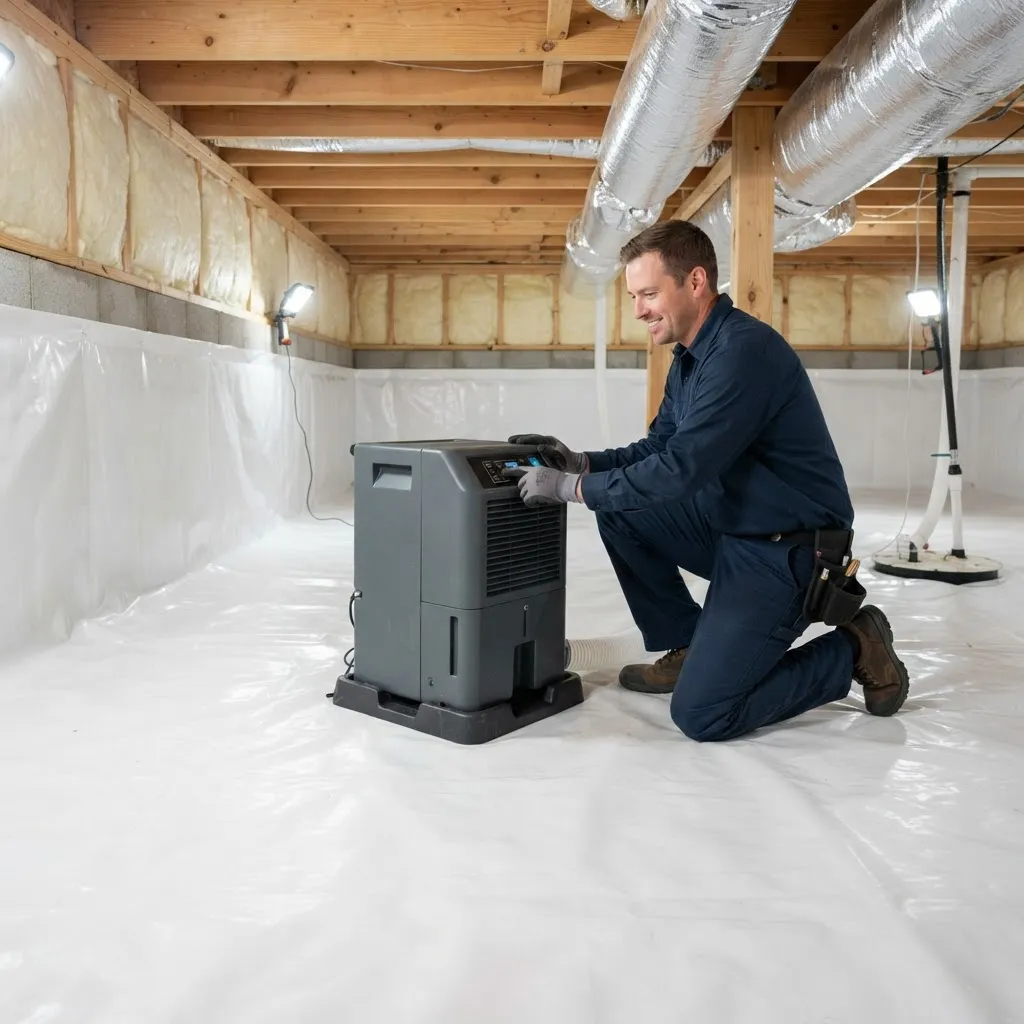 Technician checking a clean Owensboro, Kentucky crawl space for moisture conditions.